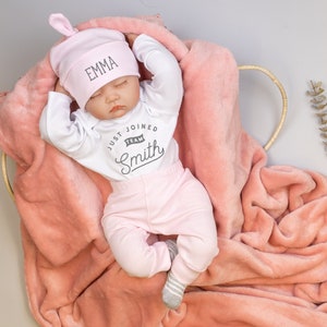 Baby Girl Coming Home Outfit, Newborn Girl, Just Joined Team Baby Outfit, Custom Name, Personalized First and Last Name, Pink