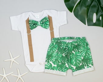 Baby Boy Outfit Summer, Vacation Outfit, Beach Outfit, Tropical Palm Leaves, Summer Clothes, Boy Shorts, Boy Clothes, Boy Bowtie