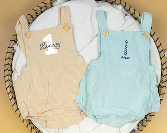 Boy First Birthday Outfit. 1st Birthday Romper. Cake Smash Outfit Boy Linen Romper Tan Khaki Blue Green. Personalized Name