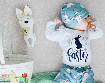 Baby Boys First Easter Outfit, My 1st Easter Bodysuit, Easter Bunny Joggers, Newborn boy Easter, Blue, Navy