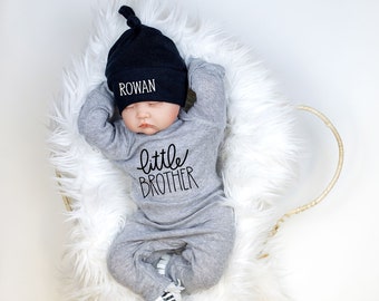 Little Brother Coming  Home Outfit. Gray & Black. Baby Boy Romper. Newborn Boy, Take home outfit, Going Home Personalized, Newborn