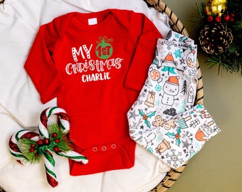 Baby Boys First Christmas Outfit, Red Bodysuit, Christmas Leggings and Joggers, Newborn boy Christmas. Personalized baby boy bodysuit