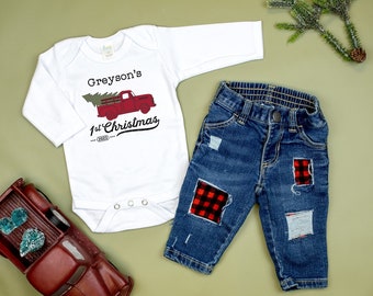 Baby Boy 1st Christmas Truck Outfit with jeans. Personalized Name and Year 2023. Name Shirt. Farm Truck. Newborn Infant Boy. Buffalo Plaid