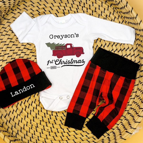 Baby Boy 1st Christmas Outfit. Personalized Farm Truck. Buffalo Plaid in Red. Name. Leggings Pants Hat. Newborn Infant First Christmas