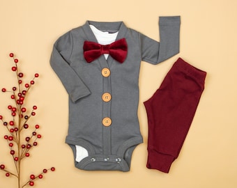 Baby Boy Christmas Outfit. Dark Gray & Burgundy, Vintage Inspired Cardigan Set with Pants. Bow tie. 1st Christmas. Newborn. Velvet Classic