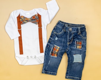 Toddler Boy Fall Clothes. Bow tie and suspenders. Plaid. Orange. Thanksgiving. Pumpkin Patch. 12m 18m 24m 2t 3t 4t