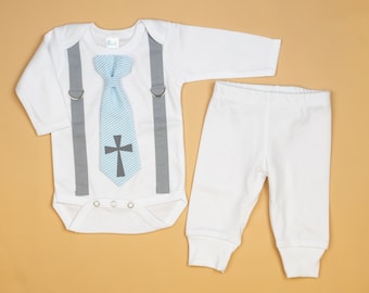 Baby Boy Baptism Set with Pants, infant boy baptism outfit, toddler boy, christening outfit, cross tie, blue tie, baptism bodysuit, newborn