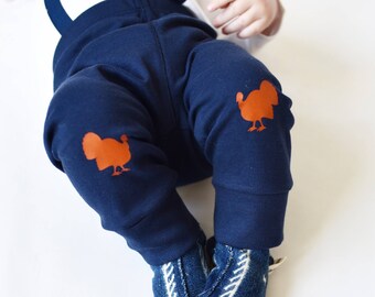 Thanksgiving Pants for Baby. Cotton Classic Pants with Turkey Knee Patches. Handmade. Navy. Orange. Baby Boy, Baby Girl, Unisex