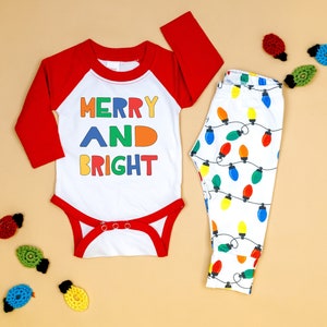 Baby Boy Christmas Outfit. Merry & Bright Shirt. Christmas Lights Pants. Raglan and Pants. Toddler Boy. Red Green Sibling Matching