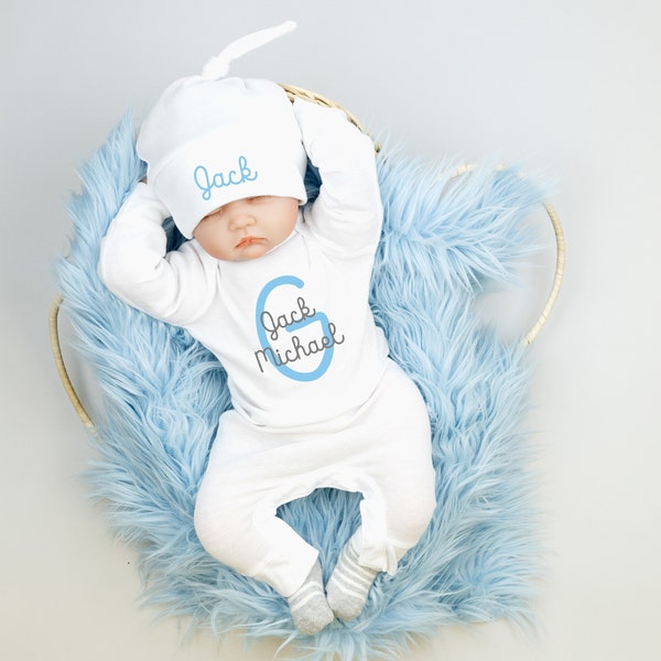 Newborn Boy Coming Home Outfit, Baby Boy Take home outfit, Going Home Personalized, Newborn, White Romper with Initial, First Middle Name,