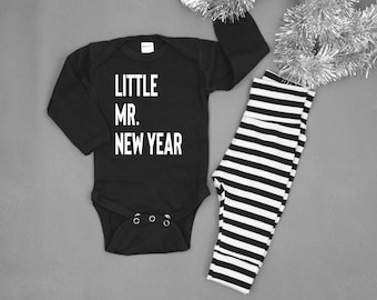 Little Mr. New Year. Baby Boy New Year Outfit. My 1st New Years Eve Clothes. First New Year. Black and Gold. Baby New Year. Newborn.