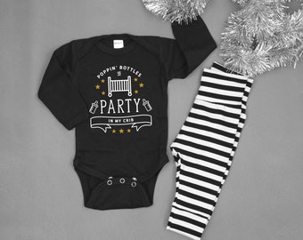 Funny Baby New Year Outfit. Poppin Bottles. Party in My Crib. Baby Boy or Baby Girl. Black Gold 2024. New Years Clothes. Newborn Infant