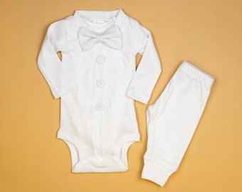 Baby Boy Baptism Outfit. White Cardigan, Seersucker Bow tie, and Pants. White Christening Outfit for Boys. Infant Newborn Baby Boy Outfit.