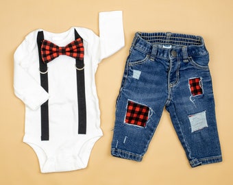 Babypojke Buffalo Rutig Fluga Outfit, Märkta Jeans