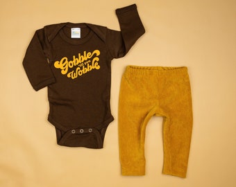 Gobble til you Wobble outfit. Funny baby boy thanksgiving outfit. Thanksgiving Bodysuit and Pants. Newborn Boy. 1st Thanksgiving Retro