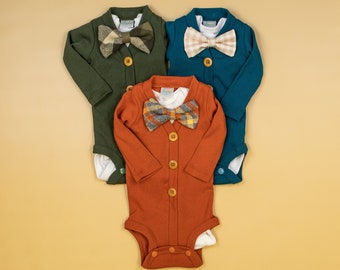 Baby Boy Fall Outfit. Choice of Cardigan Outfit. Burnt Orange.  Forest Green. Deep Teal.  Bowtie. Newborn Boy. Preppy.