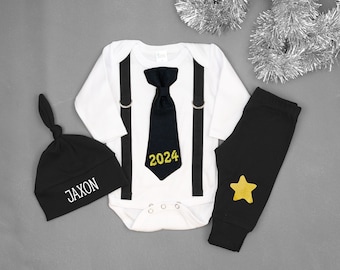 Baby Boy New Year Outfit: Bodysuit, Suspenders, 2024 Tie & Star Pants