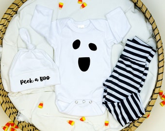 Baby boy ghost costume. Newborn boy halloween costume. Peek a boo. Black and white. Infant Halloween Outfit. Ghost bodysuit. easy simple.