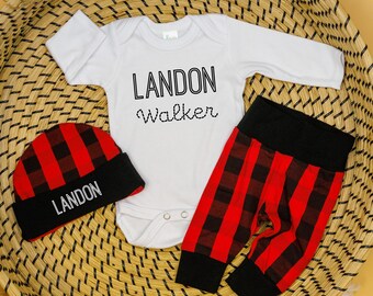 Personalized Baby Boy Coming Home Outfit Winter, Buffalo Plaid Custom Name,  Newborn Boy, Middle Name