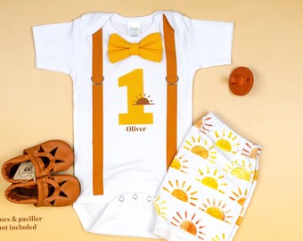 Sun 1st birthday outfit for boy. cake smash outfit boy first birthday. First trip around the sun. Bow Tie and Suspender. Boho Sun