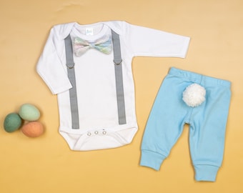 Baby boy tie and suspender bodysuit. Easter outfit. LIGHT GRAY / spring PLAID Bow Tie. Bunny Tail Pants  Spring. 3m 6m 12m 18m