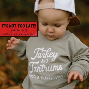 Funny Toddler Thanksgiving Sweatshirt, Olive Green. Turkey and Tantrums. Olive Tshirt. Thanksgiving shirts for kids. Boy Girl