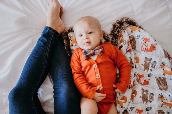 Baby Boy Thanksgiving Outfit. Newborn Coming Home Outfit. Burnt Orange Baby Cardigan. Fall Infant Boy Clothes. 1st Birthday Outfit. Il_570xn