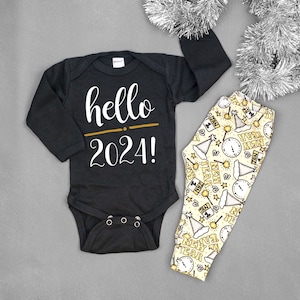 Hello 2024 Baby New Year Outfit. My 1st New Years Eve Clothes. First New Year. Black and Gold. Baby New Year. Newborn boy or baby girl.
