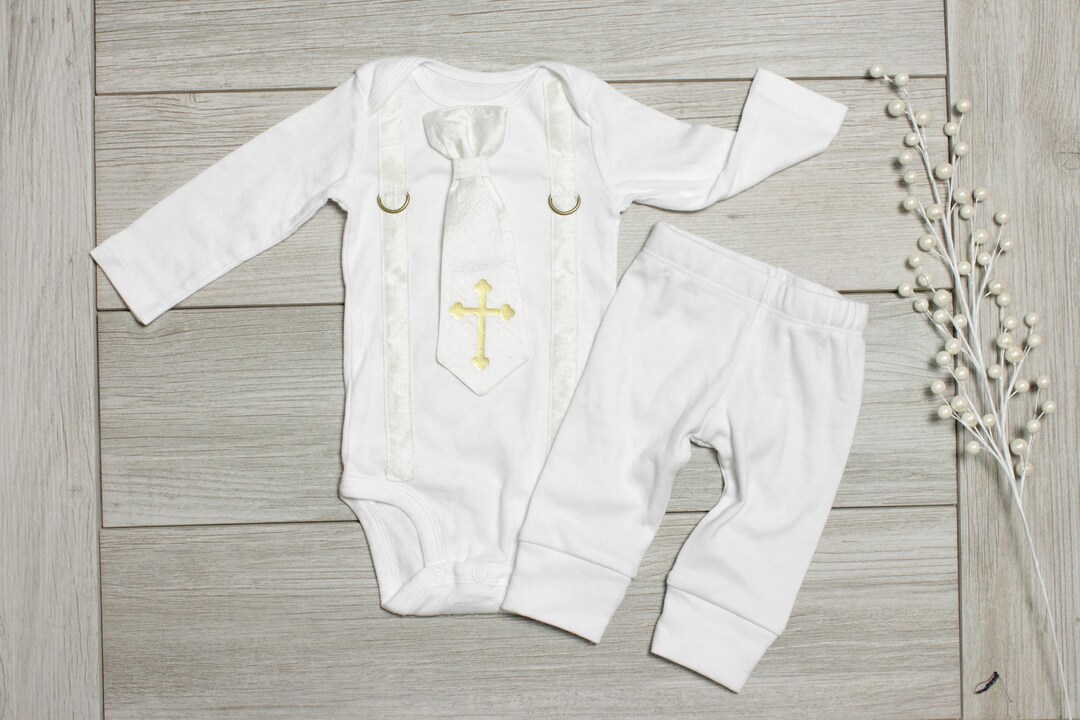 Baby Boy Silk Baptism / Christening Outfit. All White and Gold Tie and