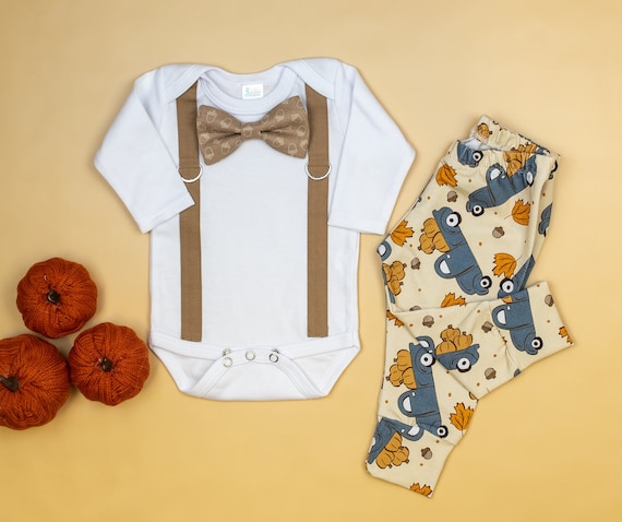 Baby Boy Fall Clothes. Fall Picture Outfit. Pumpkin Patch Outfit. Dapper Gentleman Suspenders and Bowtie Bodysuit. Pumpkin Trucks. Brown Il_570xn