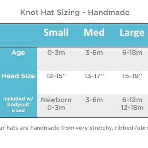 May include: A white chart titled "Knot Hat Sizing - Handmade" with size details for small, medium, and large hats. The chart includes age ranges (0-3m, 3-6m, 6-18m), head sizes (30-38cm, 33-43cm, 38-48cm), and corresponding bodysuit sizes.