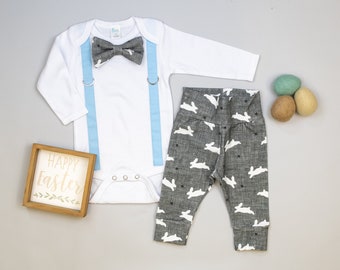 Toddler Boy Easter Outfit. Easter Bow tie and suspenders outfit. Bowtie and leggings. Blue and gray. Easter bunny outfit. Newborn boy.