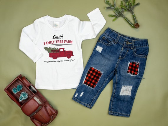 Boys Christmas Truck Outfit. Personalized Shirt & Jeans. Red Vintage Truck with Tree. Family Farm. Toddler Baby Boy. Name. Buffalo Plaid. Il_570xn