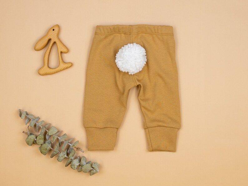 Easter Baby Pants w/ WHITE BUNNY TAIL. Handmade 100% Cotton Infant Pants with Detachable Tail. Tan Blue Mint Cream Pink. Baby Boy Baby Girl Camel Pants