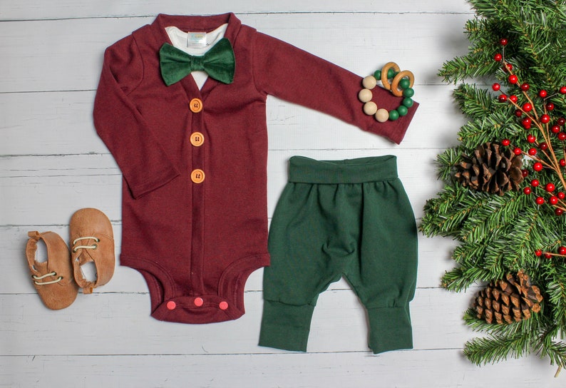 Velvet Classic 1st Christmas Bow tie Vintage Inspired Cardigan Set with Pants Burgundy /& Green Baby Boy Christmas Outfit Newborn