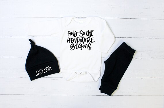 Adventure Begins Coming Home Outfit Newborn Boy. Baby Boy Take Home Outfit Black Monochrome. Vintage. Personalized Name Hat. Spring Summer. Il_570xn