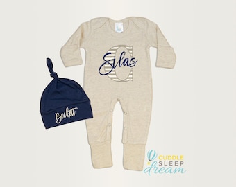 Personalized Baby Boy Coming Home Outfit, Oatmeal Romper with Navy Blue Hat with Name, Take home, Going Home, Newborn, Name, Beige, Nautical