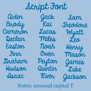 May include: A blue background with a list of popular boys' names written in a script font. The names are arranged in three columns. The text at the bottom of the image reads "Notes: unusual capital T".