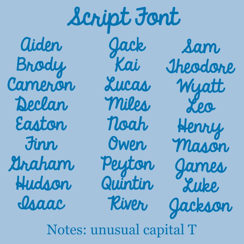 May include: A blue background with a list of popular boys' names written in a script font. The names are arranged in three columns. The text at the bottom of the image reads "Notes: unusual capital T".