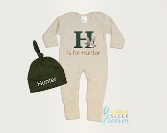 Mallard Duck Personalized Baby Boy Coming Home Outfit, Oatmeal Romper with Forest Green Hat, Take home, Going Home, Newborn, Name, Beige