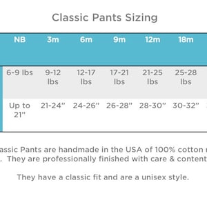 May include: A chart showing classic pants sizing for babies in the UK. The chart shows the weight and height ranges for each size, from newborn to 24 months. The sizes are listed in months: NB, 3m, 6m, 9m, 12m, 18m, and 24m. The weight ranges are listed in pounds, and the height ranges are listed in inches.