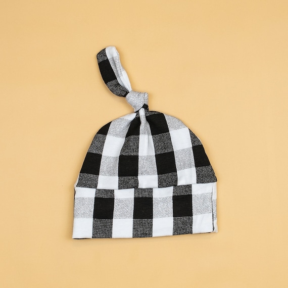 Black/White Buffalo Plaid Knot Hat. Handmade. Newborn - 18m. Baby Boy or Baby Girl. Baby Top Knot Hat. Il_570xn