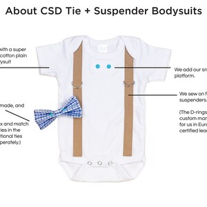 May include: White bodysuit with brown suspenders and a blue and white gingham bow tie. The suspenders have snap closures and D-rings. The text "About CSD Tie + Suspender Bodysuits" is at the top of the image.
