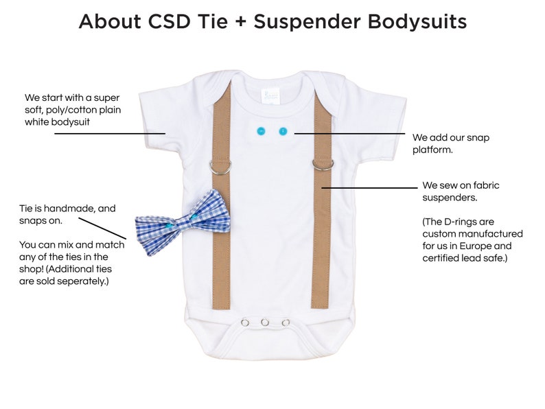 May include: White bodysuit with brown suspenders and a blue and white gingham bow tie. The suspenders have snap closures and D-rings. The text "About CSD Tie + Suspender Bodysuits" is at the top of the image.