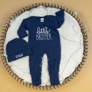 Little Brother Coming Home Outfit, Navy Denim Blue Romper with Personalized Name Hat, Take home outfit, Personalized, Newborn Boy, Baby Boy image 4