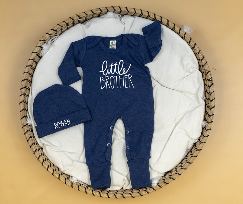 Little Brother Coming Home Outfit, Navy Denim Blue Romper with Personalized Name Hat, Take home outfit, Personalized, Newborn Boy, Baby Boy image 4
