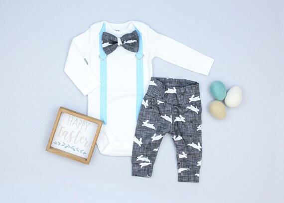 Toddler Boy Easter Outfit. Easter Bow tie and suspenders outfit. Bowtie and leggings. Blue and gray. Easter bunny outfit. Newborn boy. Il_570xn