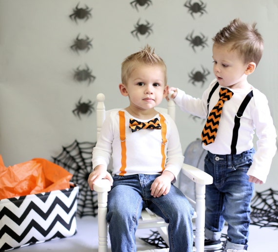 SALE! Baby Boy Halloween Shirt. Toddler Boy Halloween Outfit. Black and Orange Chevron Halloween Tshirt. Tie and Suspenders. Il_570xn