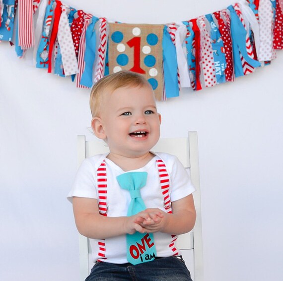 One I Am Shirt. Boys 1st Birthday Shirt. Aqua Blue and Red Stripe