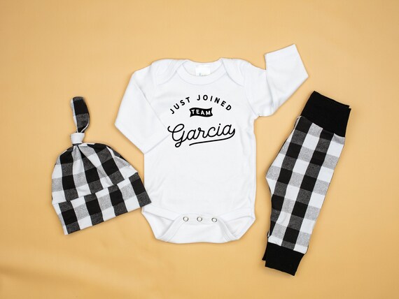 Baby Boy Coming Home Outfit Winter, Just Joined Team Baby Outfit, Personalized Last Name, Newborn Boy, Buffalo Plaid, Monochrome Il_570xn